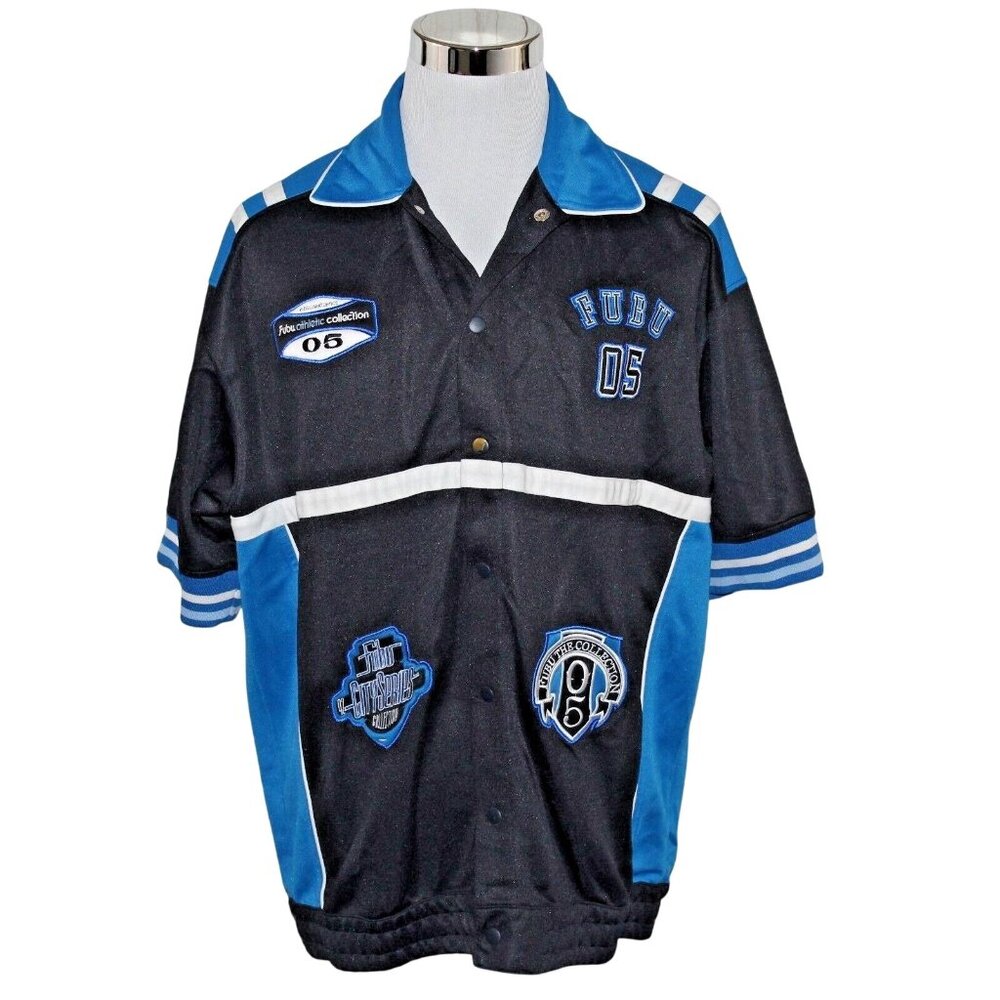 FUBU The Collection XL Short Sleeve Warm Up Jersey Embroidered Patches Black